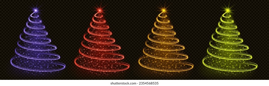 Merry Christmas light tree with star and glitter sparkle decoration. Xmas and New Year bright winter holiday shiny isolated ribbon pine element in purple, gold, red and green modern collection