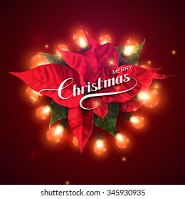 Merry Christmas. Christmas Light Wreath With Poinsettia Flowers. Vector Holiday Illustration of Luminous Electric Garland
