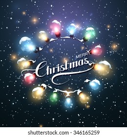 Merry Christmas. Christmas Light Wreath. Vector Holiday Illustration of Luminous Electric Wreath