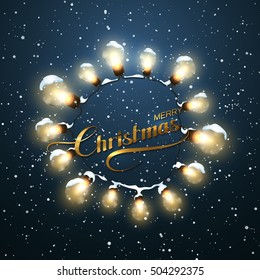 Merry Christmas. Christmas Light Wreath. Vector Holiday Illustration of Luminous Electric Wreath And Christmas Golden Label