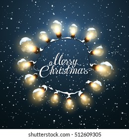 Merry Christmas. Christmas Light Wreath. Vector Holiday Illustration Of Luminous Electric Wreath And Christmas Label