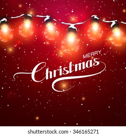 Merry Christmas. Christmas Lights With Snow And Sparkles. Vector Holiday Illustration of Luminous Electric Garland