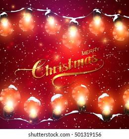 Merry Christmas. Christmas Lights With Snow and Sparkles. Vector Holiday Illustration of Luminous Electric Garland and Golden Merry Christmas Label