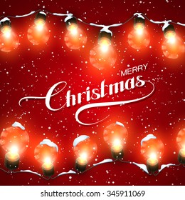 Merry Christmas. Christmas Lights With Snow. Vector Holiday Illustration of Luminous Electric  Garland