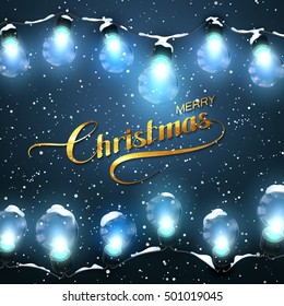 Merry Christmas. Christmas Lights With Snow. Vector Holiday Illustration of Luminous Electric Garland of Light Bulbs and Golden Merry Christmas Label