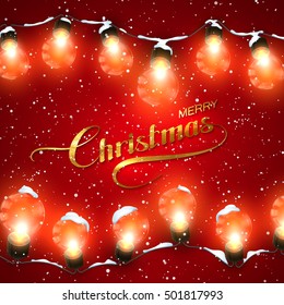Merry Christmas. Christmas Lights With Snow. Vector Holiday Illustration of Luminous Electric Garland of Light Bulbs and Golden Merry Christmas Label