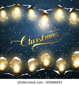 Merry Christmas. Christmas Lights With Snow. Vector Holiday Illustration of Luminous Electric Garland of Light Bulbs and Golden Merry Christmas Label