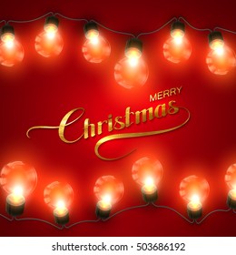 Merry Christmas. Christmas Lights. Vector Holiday Illustration of Luminous Electric Garland And Golden Merry Christmas Label