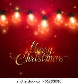 Merry Christmas. Christmas Lights. Vector Holiday Illustration of Luminous Electric Garland, Sparkles, Stars And Golden Merry Christmas Label