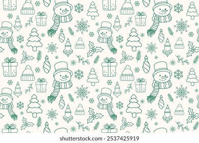 Merry Christmas line art seamless pattern with green xmas ornaments icons. Thin line Christmas pattern with Christmas tree, snowman and decorations on green background
