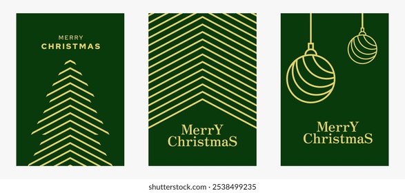 Feliz Natal Linha Art Estilo Poster. Gold e verde Natal cartão de felicitações. Design de cartaz de Natal simples.