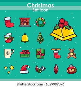 merry christmas line and fill style symbol set design, winter season and decoration theme Vector illustration