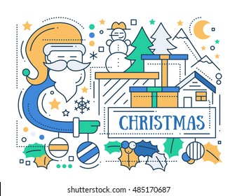 Merry Christmas line flat design card with holidays symbols - Santa Claus, tree, house, mistletoe