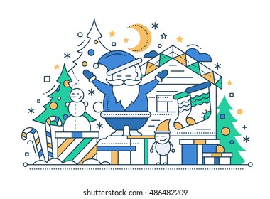 Merry Christmas line flat design card with holidays symbols - Santa Claus, Christmas tree, house. candy canes