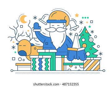 Merry Christmas line flat design card with holidays symbols - Santa Claus, Christmas tree, deer. gifts