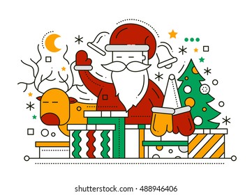 Merry Christmas line flat design card with holidays symbols - Santa Claus, Christmas tree, deer. gifts