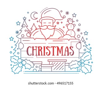Merry Christmas line flat design card with holidays symbols - Santa Claus, Christmas tree, mistletoe, banner