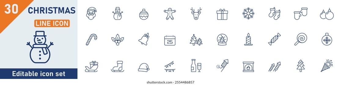 Merry Christmas line icon set. Set of 30 outline icons related to santa claus, snowman, bell, christmas tree, gift, xmas, new year and others. Editable stroke. Vector illustration.