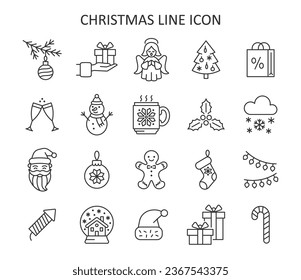 Merry Christmas line icon vector set. Winter vector collection with Santa Claus, knitted cup, gift, snowman, petard, angel, garland, christmas tree, snow.