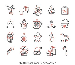 Merry Christmas line icon vector set. Winter color vector collection with Santa Claus, knitted cup, gift, snowman, petard, angel, garland, christmas tree, snow.