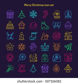 Merry Christmas line icons set color thin style isolated on snow background for your decoration and app design project. Happy New Year. Vector Illustration