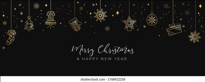 Merry Christmas linear elegant card with geometric golden icons. Present, star, Christmas tree, glove on dark background. Simple holiday background. Vector illustration