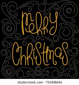 Merry Christmas. Linear Handwritten lettering with original ornament. Design elements