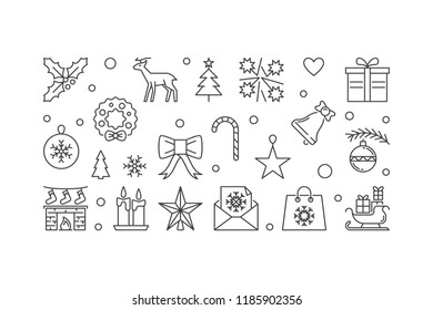 Merry Christmas linear illustration. Vector Xmas horizontal banner with outline design