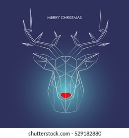 Merry Christmas. Linear sketch of the head of a deer, blue background, soft line.