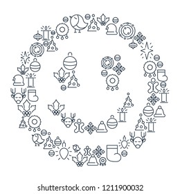 Merry Christmas lined icons concept with winter holidays symbols and elements in smile shape isolated vector illustration