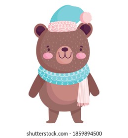 merry christmas, little bear with scarf celebration icon isolation vector illustration