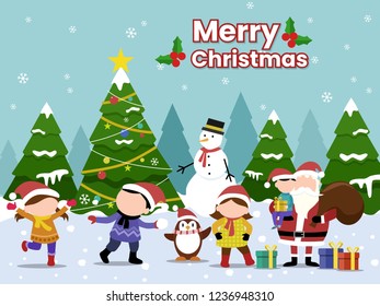 Merry Christmas with a little boy playing snow and beautiful christmas tree Illustration