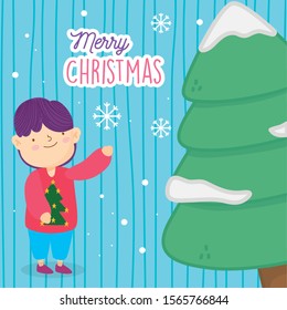 merry christmas little boy with ugly sweater and tree snow vector illustration