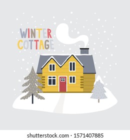 Merry Christmas little cottage. Vector illustration of winter landscape with cute cottage with trees. Illustration for cards, posters and banners