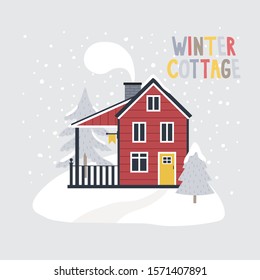 Merry Christmas little cottage. Vector illustration of winter landscape with cute cottage with trees. Illustration for cards, posters and banners