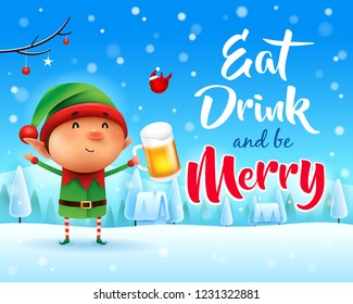 Merry Christmas! Little elf with beer in Christmas snow scene winter landscape. 