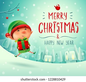 Merry Christmas! Little elf with gift present in Christmas snow scene winter landscape.