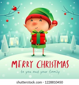 Merry Christmas! Little elf with gift present in Christmas snow scene winter landscape.