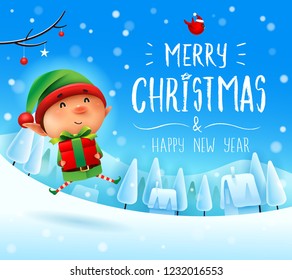 Merry Christmas! Little elf with gift present in Christmas snow scene winter landscape.