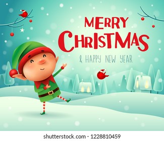 Merry Christmas! Little elf greets in Christmas snow scene winter landscape.