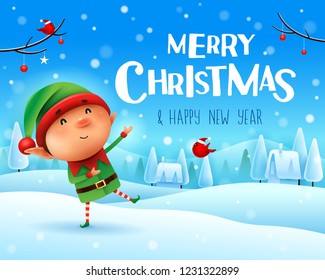 Merry Christmas! Little elf greets in Christmas snow scene winter landscape.