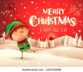 Merry Christmas! Little elf greets in Christmas snow scene winter landscape.