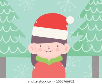 merry christmas little girl with hat of santa trees snow vector illustration