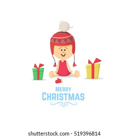 Merry christmas. Little girl with Christmas present. Funny little girl in Christmas hat. Christmas card with little girl. Flat Vector Illustration.