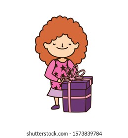merry christmas little girl with ugly sweater and gift vector illustration
