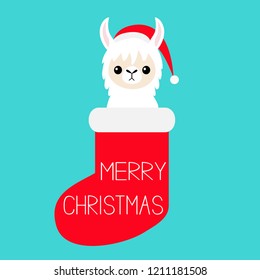 Merry Christmas. Llama alpaca baby face in red sock. Santa hat. Cute cartoon funny kawaii character. Happy New Year. T-shirt, greeting card poster print Flat design Blue background Vector illustration