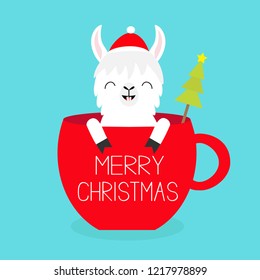 Merry Christmas. Llama alpaca sitting in red coffee cup teacup. Fir tree. Santa hat. Happy New Year. Face and hands. Cute cartoon character. Hello winter. Blue background. Flat design. Vector