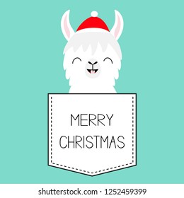 Merry Christmas. Llama alpaca sitting in the pocket. Santa Claus hat. Face with tooth. Cute cartoon character. Hello winter. Happy New Year. Blue background. Flat design. Vector illustration