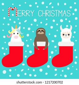 Merry Christmas. Llama alpaca, sloth, unicorn in red sock. Snow flake. Cute cartoon funny kawaii character. Happy New Year. T-shirt, greeting card, poster print. Flat design. Blue background. Vector