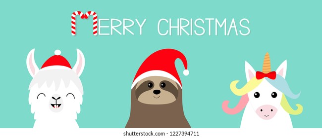 Merry Christmas. Llama alpaca, sloth face set. Red Santa hat. Happy New Year. Cute cartoon funny kawaii character. Greeting card, poster, banner print. Flat design. Blue background. Vector